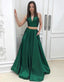 Simple Sexy Two Pieces Halter V Neckline Green A line Long Evening Prom Dresses, Popular Cheap Long Custom Party Prom Dresses, 17339