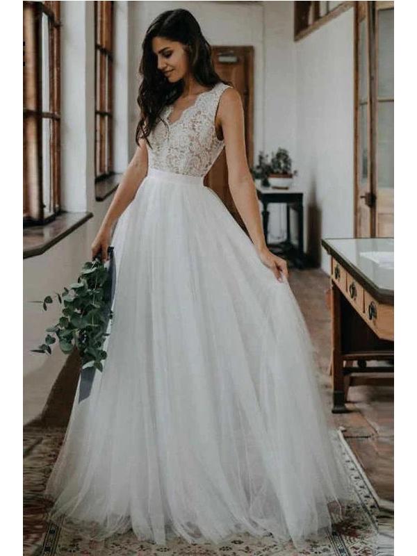 Simple Sleeveless Long A-line Handmade Lace Wedding Dresses Online,WD732