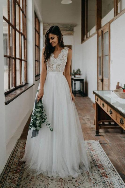 Simple Sleeveless Long A-line Handmade Lace Wedding Dresses Online,WD732