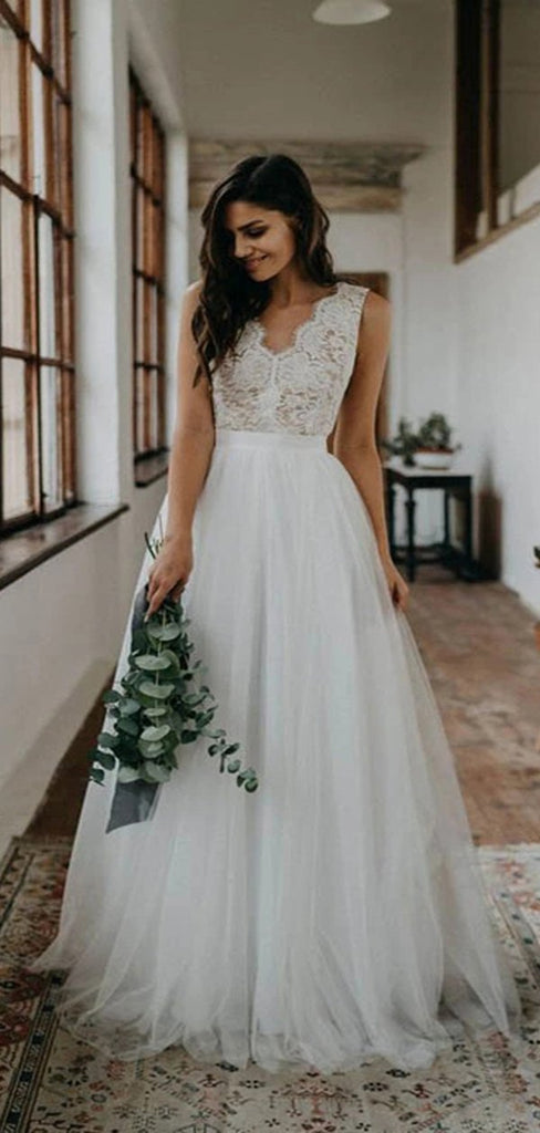 Simple Sleeveless Long A-line Handmade Lace Wedding Dresses Online,WD732