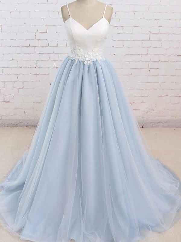 Simple Spaghetti Straps Light Blue A line Long Evening Prom Dresses, 17525