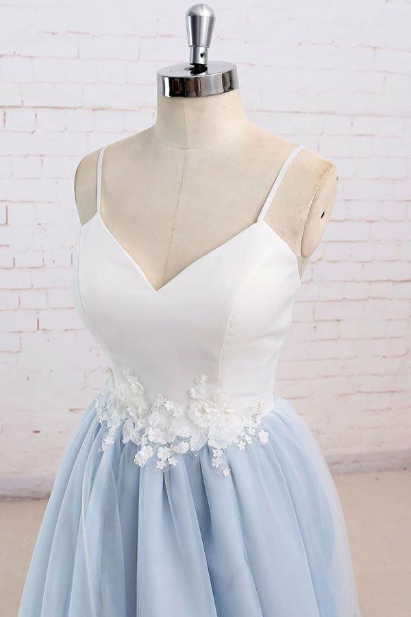 Simple Spaghetti Straps Light Blue A line Long Evening Prom Dresses, 17525