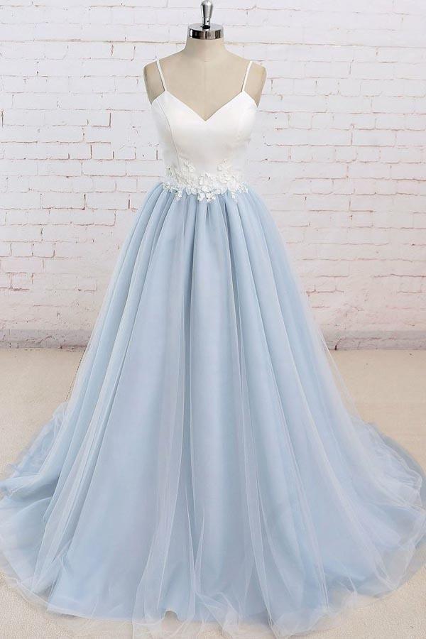 Simple Spaghetti Straps Light Blue A line Long Evening Prom Dresses, 17525