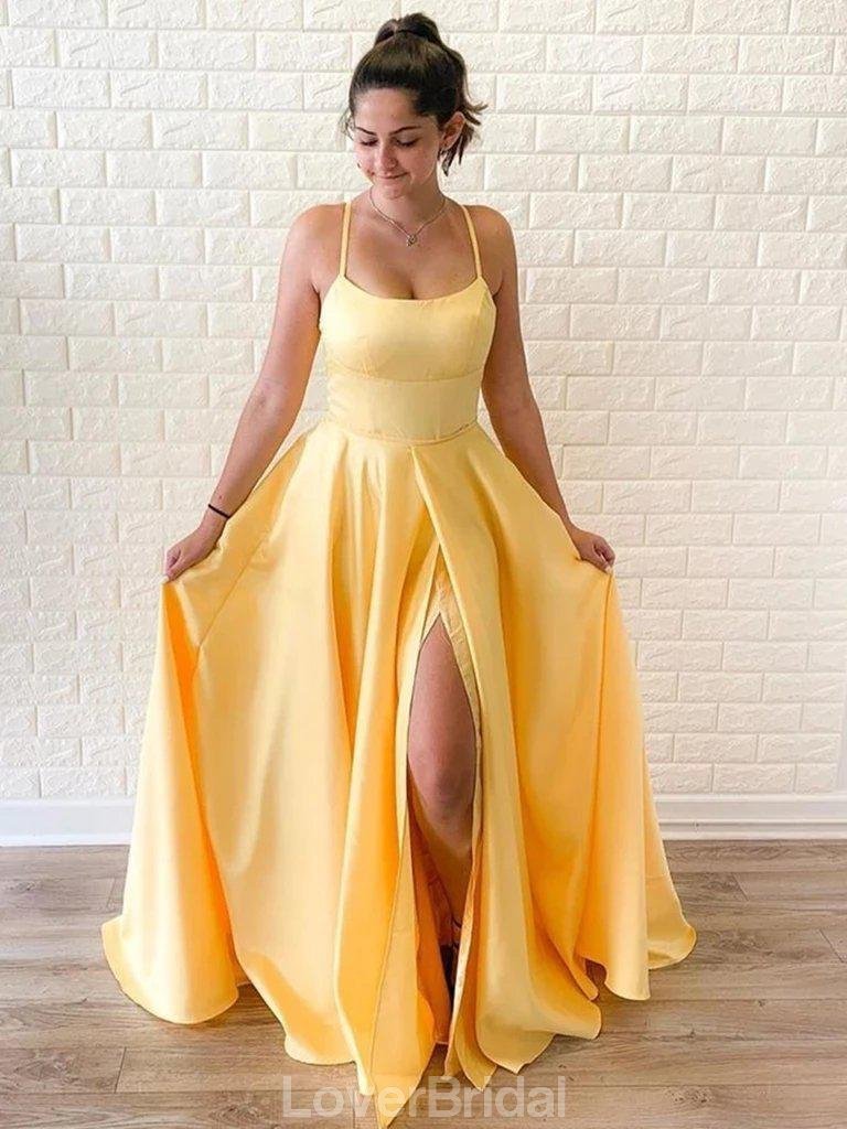 Simple Spaghetti Straps Yellow Side Slit Cheap Long Evening Prom Dresses, Evening Party Prom Dresses, 12145