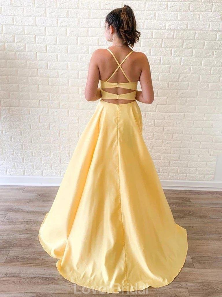 Simple Spaghetti Straps Yellow Side Slit Cheap Long Evening Prom Dresses, Evening Party Prom Dresses, 12145