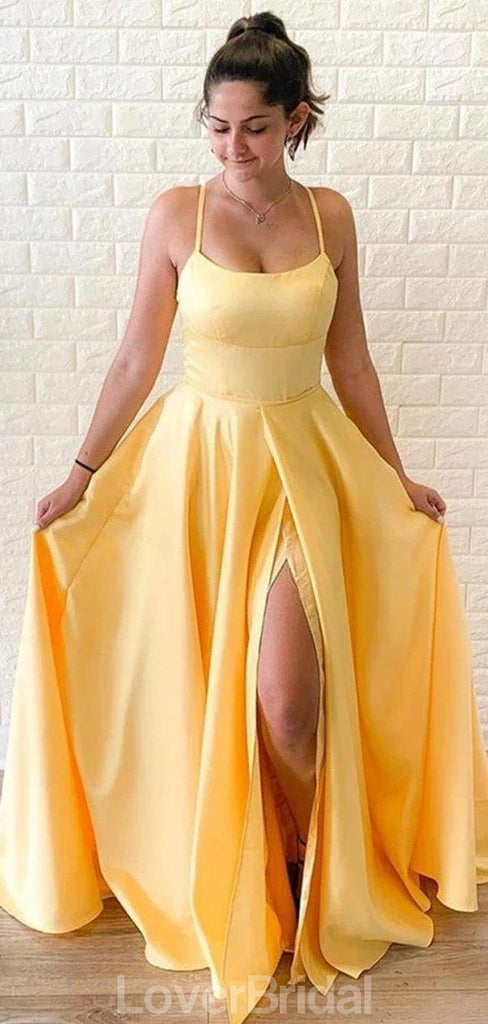 Simple Spaghetti Straps Yellow Side Slit Cheap Long Evening Prom Dresses, Evening Party Prom Dresses, 12145