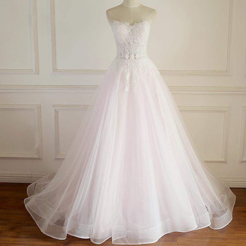 Simple Strapless Pale Pink Lace A line Wedding Bridal Dresses, Custom Made Wedding Dresses, Affordable Wedding Bridal Gowns, WD262
