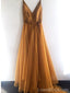 Simple V Neck Gold A-line Long Evening Prom Dresses, Cheap Custom Sweet 16 Dresses, 18565