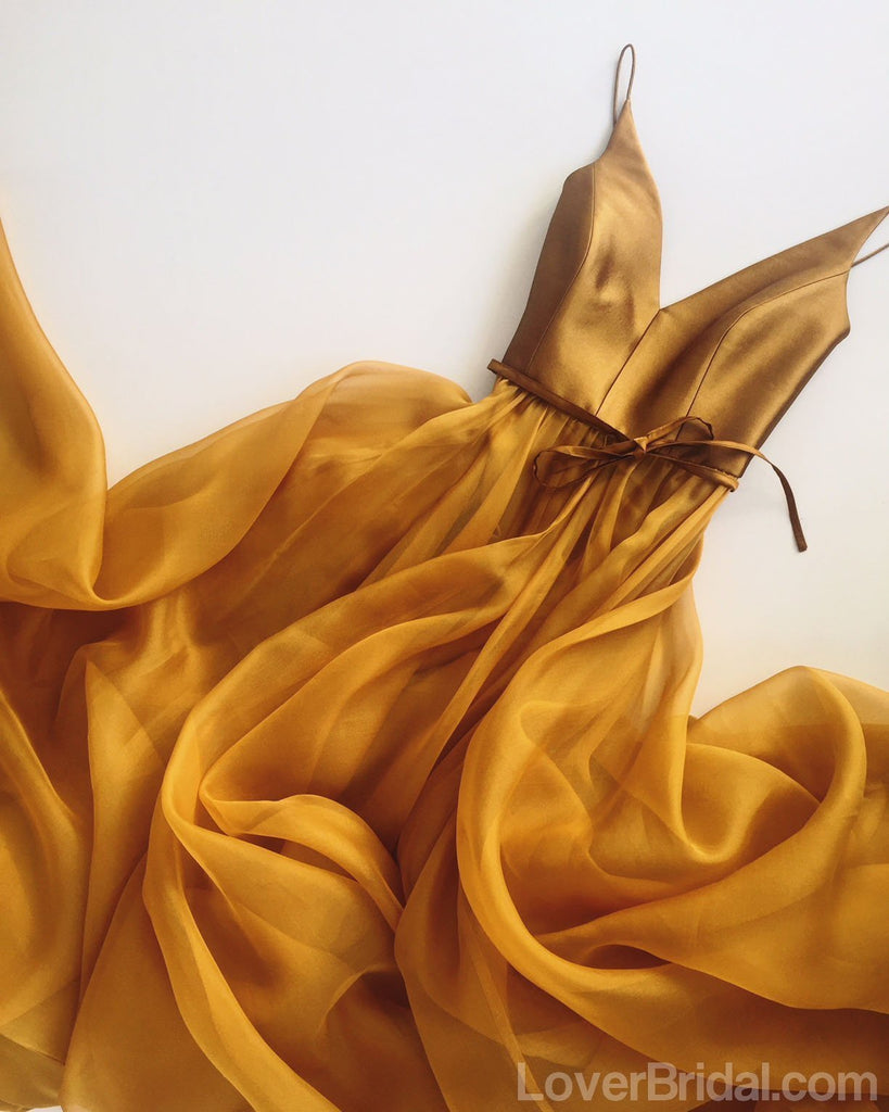 Simple V Neck Gold A-line Long Evening Prom Dresses, Cheap Custom Sweet 16 Dresses, 18565