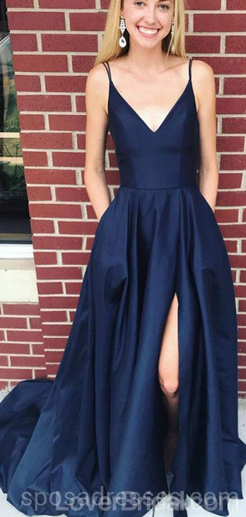 Simple V Neck Side Slit Cheap Long Evening Prom Dresses, Cheap Custom Party Prom Dresses, 18588