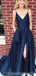 Simple V Neck Side Slit Cheap Long Evening Prom Dresses, Cheap Custom Party Prom Dresses, 18588