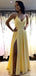 Simple V Neck Side Slit Yellow Long Evening Prom Dresses, Evening Party Prom Dresses, 12141