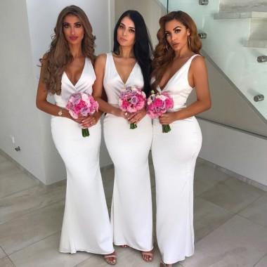 Simple V Neck White Mermaid Cheap Long Bridesmaid Dresses Online, WG358