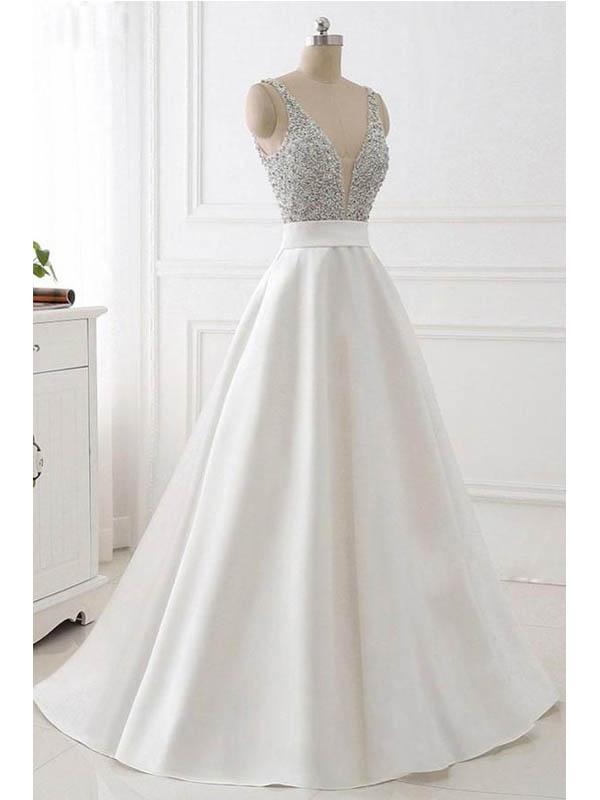 Simple White A-line V-neck Long Prom Dresses Online, Evening Party Dresses,12519