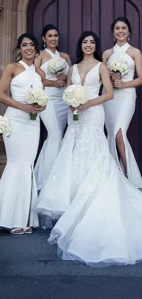 Simple White Mermaid Halter Cheap Long Bridesmaid Dresses Online,WG1099