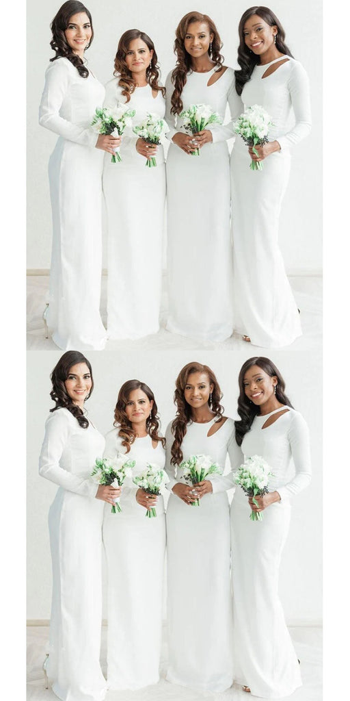 Simple White Mermaid Long Sleeves Cheap Bridesmaid Dresses,WG1366