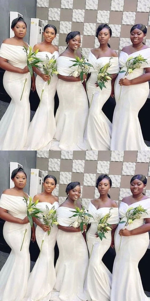Simple White Mermaid Off Shoulder Cheap Long Bridesmaid Dresses,WG1304