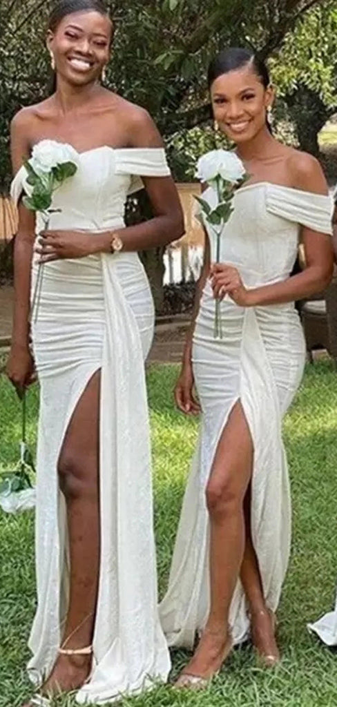 Simple White Mermaid Off Shoulder High Slit Cheap Long Bridesmaid Dresses,WG1150