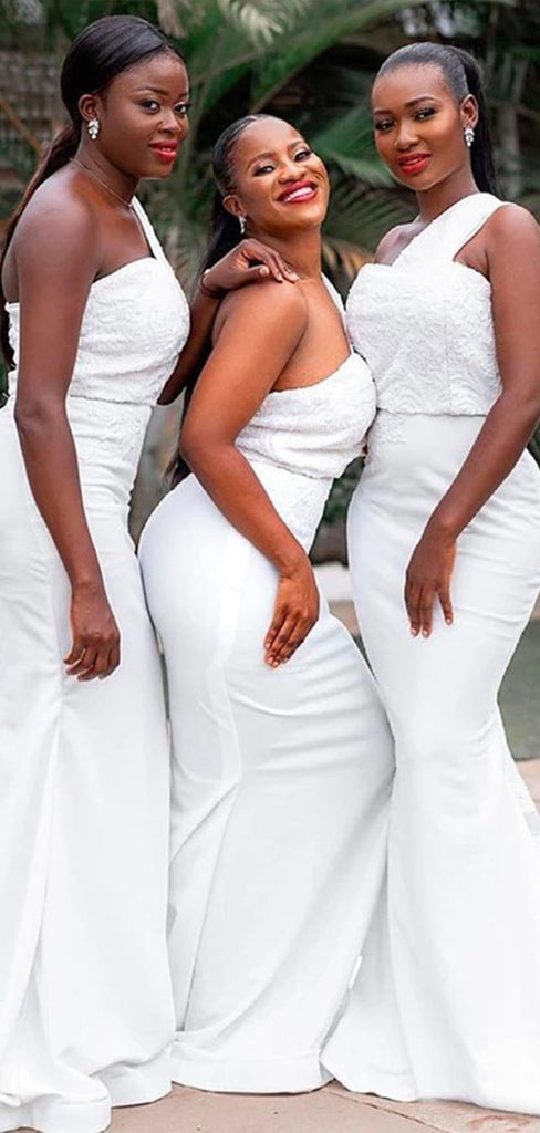 Simple White Mermaid One Shoulder Long Lace Bridesmaid Dresses,WG1050