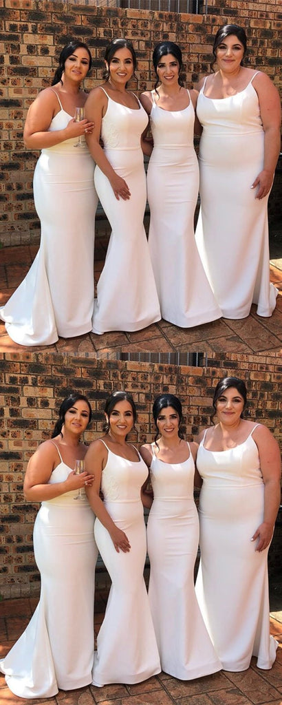 Simple White Mermaid Spaghetti Straps Cheap Long Bridesmaid Dresses,WG1272