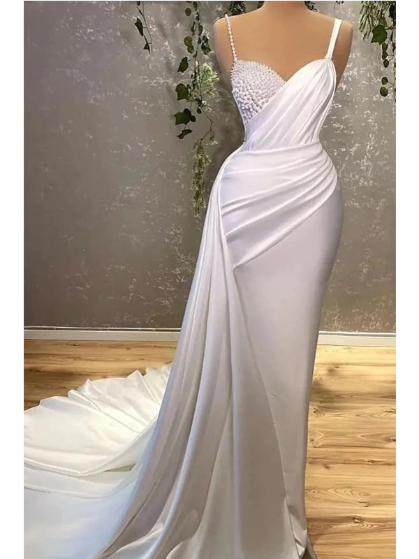 Simple White Sheath Spaghetti Straps Cheap Long Prom Dresses,12843