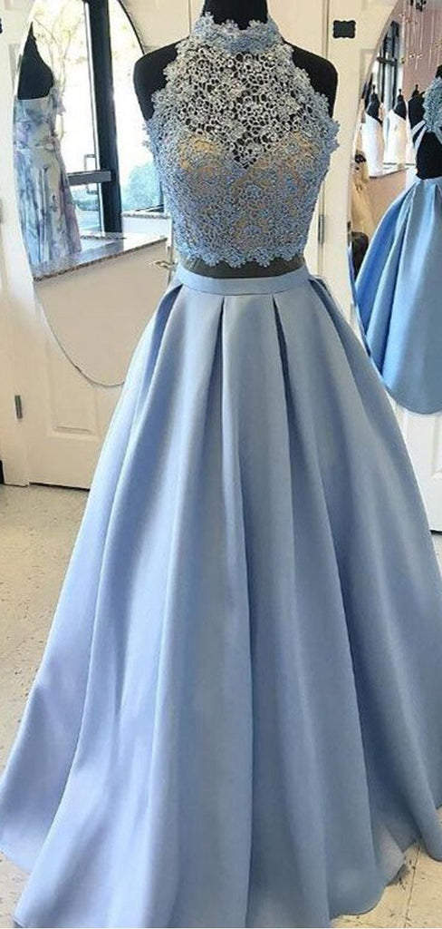 Sky Blue A-line Halter Two Pieces Cheap Long Prom Dresses Online,12430