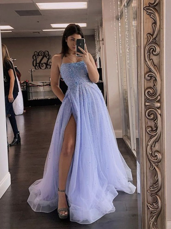 Spaghetti Straps A-line High Slit Cheap Long Prom Dresses Online,12892