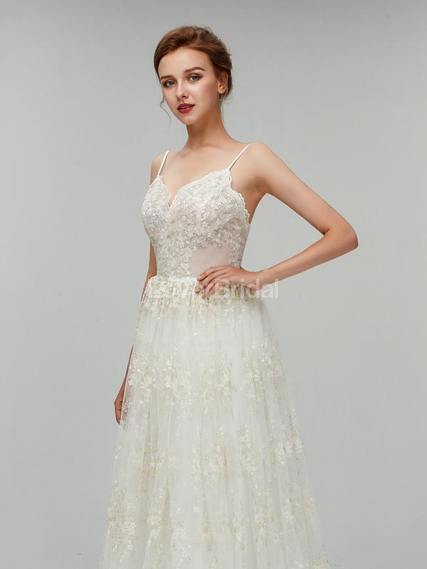 Spaghetti Straps Backless Lace Cheap Wedding Dresses Online, Cheap Bridal Dresses, WD554
