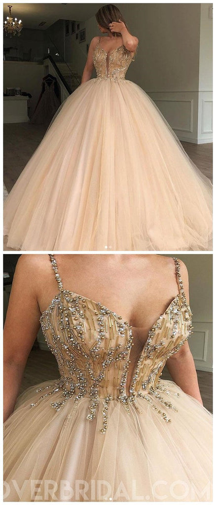 Spaghetti Straps Beaded Ball Gown Tulle Cheap Long Evening Prom Dresses, Custom Sweet16 Dresses, 18412