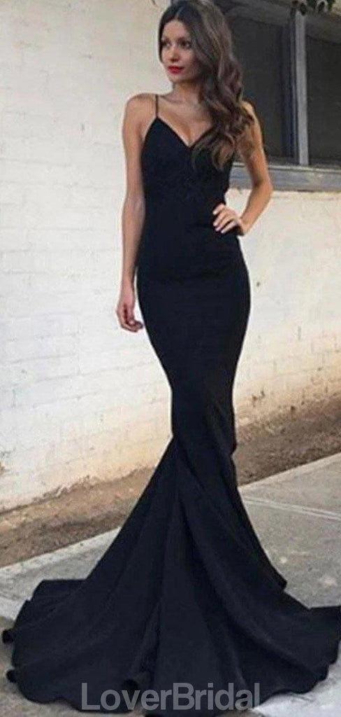 Spaghetti Straps Black Mermaid Long Evening Prom Dresses, Evening Party Prom Dresses, 12169