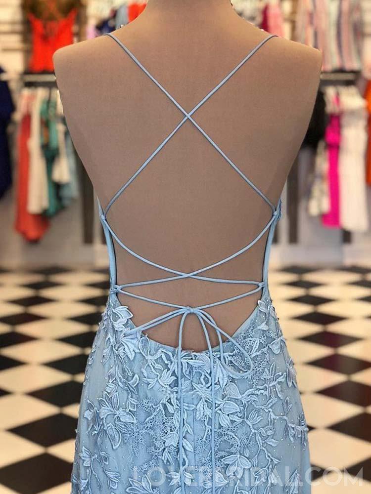 Spaghetti Straps Blue Lace Mermaid Long Evening Prom Dresses, Cheap Custom Sweet 16 Dresses, 18460