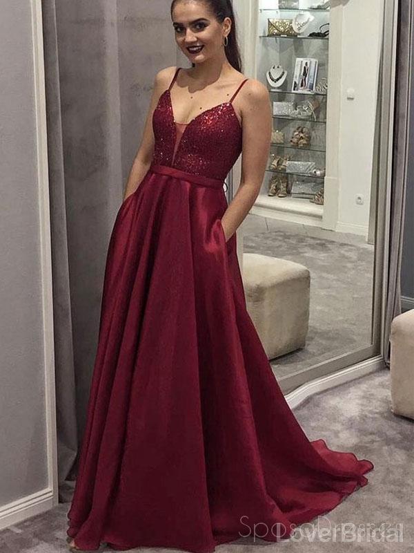 Spaghetti Straps Dark Red Sequin Long Evening Prom Dresses, Party Custom Prom Dresses, 18636