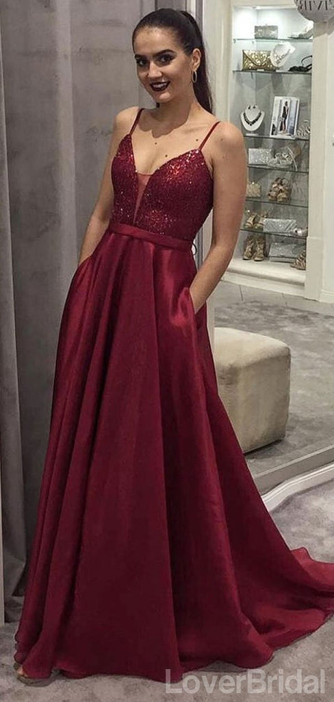 Spaghetti Straps Dark Red Sequin Long Evening Prom Dresses, Party Custom Prom Dresses, 18636