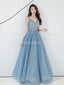 Spaghetti Straps Dusty Blue Long Evening Prom Dresses, Evening Party Prom Dresses, 12220