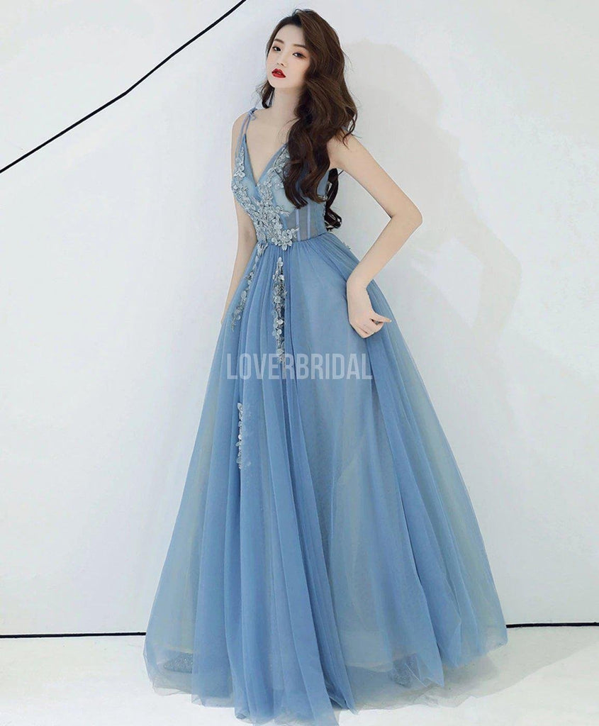 Spaghetti Straps Dusty Blue Long Evening Prom Dresses, Evening Party Prom Dresses, 12220