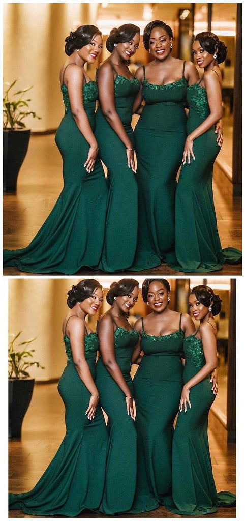 Spaghetti Straps Green Mermaid Long Cheap Bridesmaid Dresses Online, WG653