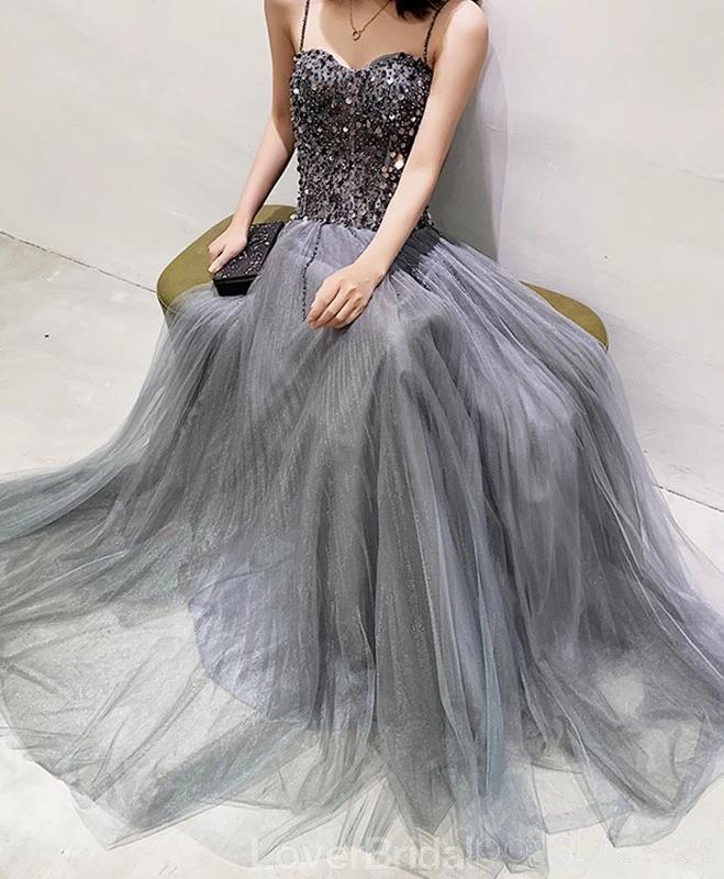 Spaghetti Straps Grey Beaded A-line Long Evening Prom Dresses, Evening Party Prom Dresses, 12207