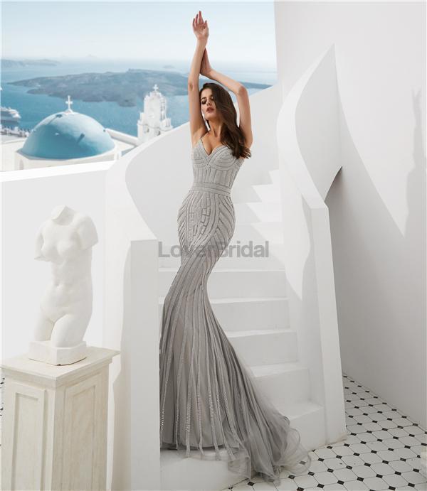 Spaghetti Straps Grey Beaded Mermaid Evening Prom Dresses, Evening Party Prom Dresses, 12084