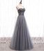 Spaghetti Straps Grey Rhinestone Beaded A-line Long Evening Prom Dresses, Evening Party Prom Dresses, 12330