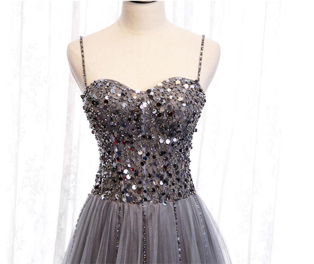 Spaghetti Straps Grey Rhinestone Beaded A-line Long Evening Prom Dresses, Evening Party Prom Dresses, 12330