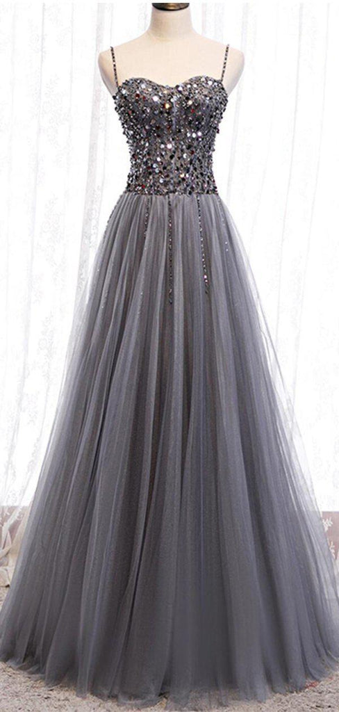 Spaghetti Straps Grey Rhinestone Beaded A-line Long Evening Prom Dresses, Evening Party Prom Dresses, 12330