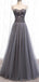 Spaghetti Straps Grey Rhinestone Beaded A-line Long Evening Prom Dresses, Evening Party Prom Dresses, 12330