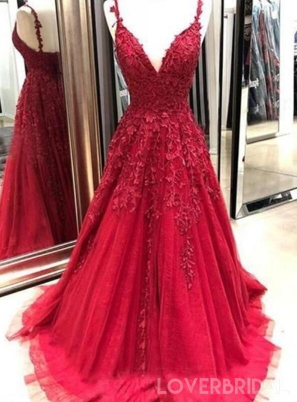 Spaghetti Straps Lace Dark Red Cheap Long Evening Prom Dresses, Cheap Custom Sweet 16 Dresses, 18511