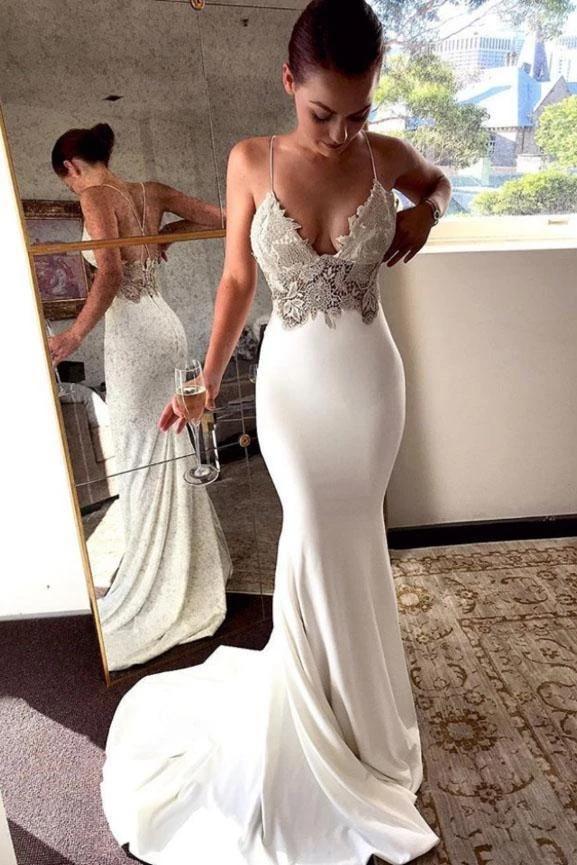 Spaghetti Straps Lace Mermaid Wedding Dresses Online, Cheap Bridal Dresses, WD637