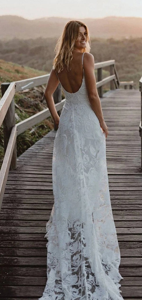 Spaghetti Straps Long Mermaid Backless Lace Wedding Dresses,WD735