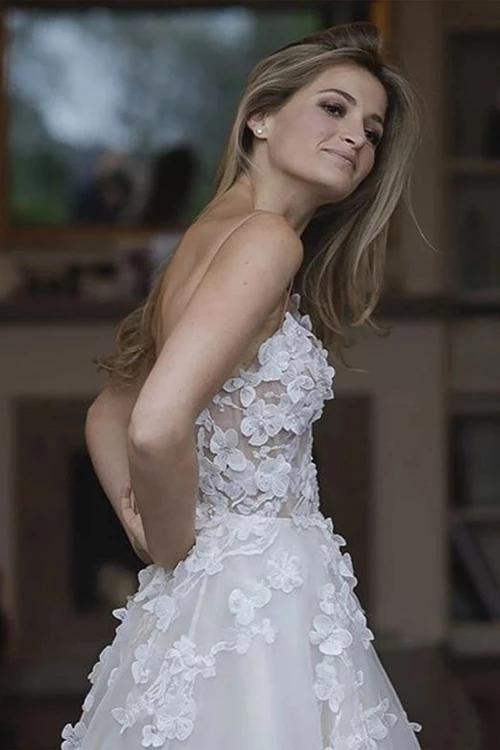 Spaghetti Straps Low Back See Through Lace A-line Wedding Dresses Online, Cheap Unique Bridal Dresses, WD593