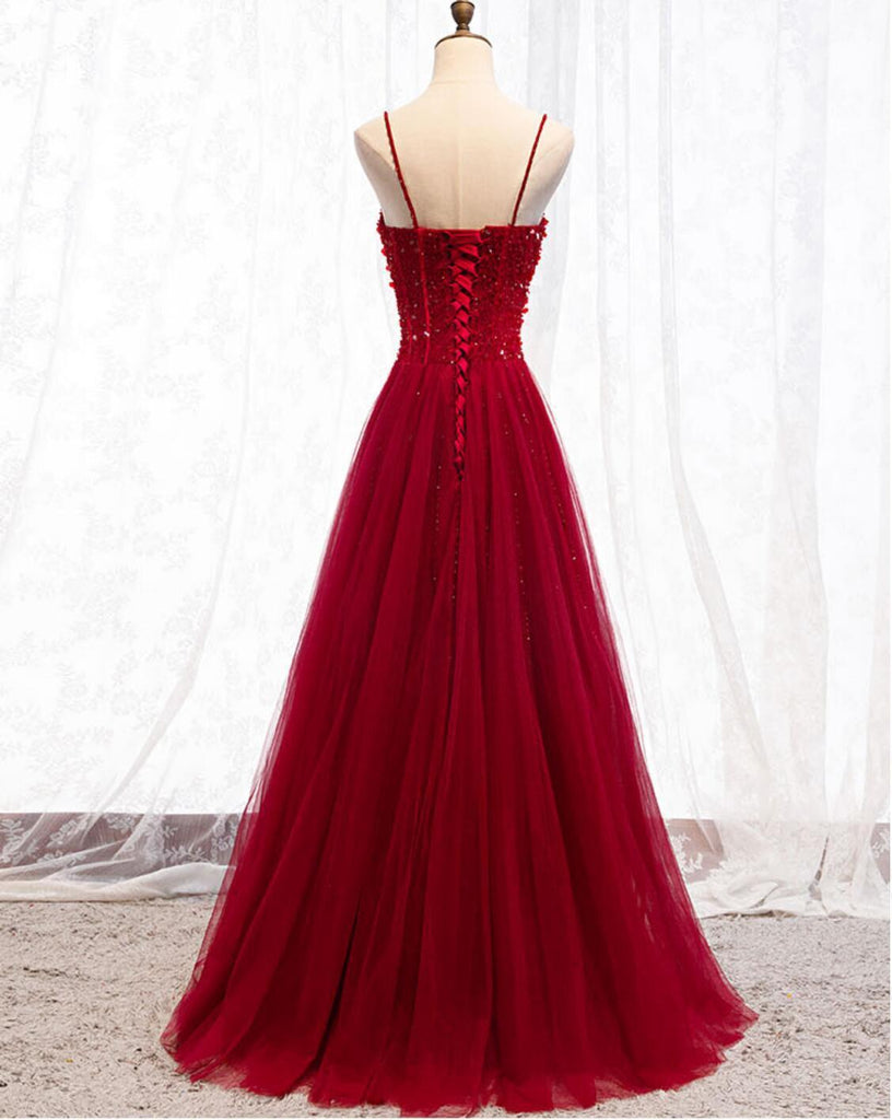 Spaghetti Straps Red A-line Long Evening Prom Dresses, Evening Party Prom Dresses, 12334