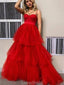 Spaghetti Straps Red Ruffle A-line Tulle Long Evening Prom Dresses, Evening Party Prom Dresses, 12181