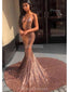 Spaghetti Straps Rose Gold Mermaid Evening Prom Dresses, Evening Party Prom Dresses, 12212