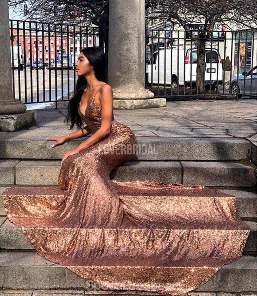 Spaghetti Straps Rose Gold Mermaid Evening Prom Dresses, Evening Party Prom Dresses, 12212